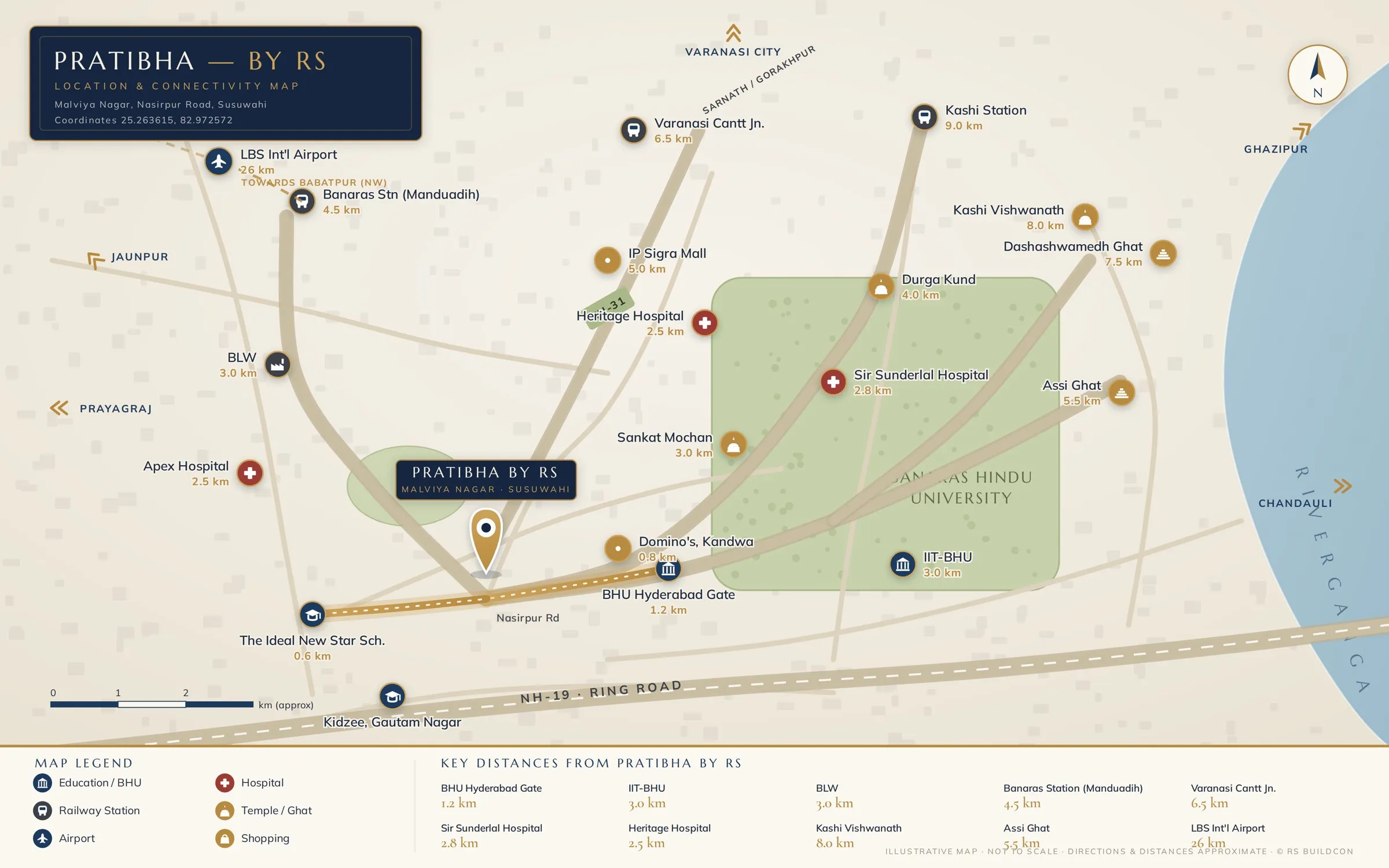 Map of Pratibha by RS with nearby landmarks: BHU, IIT-BHU, hospitals, stations and temples