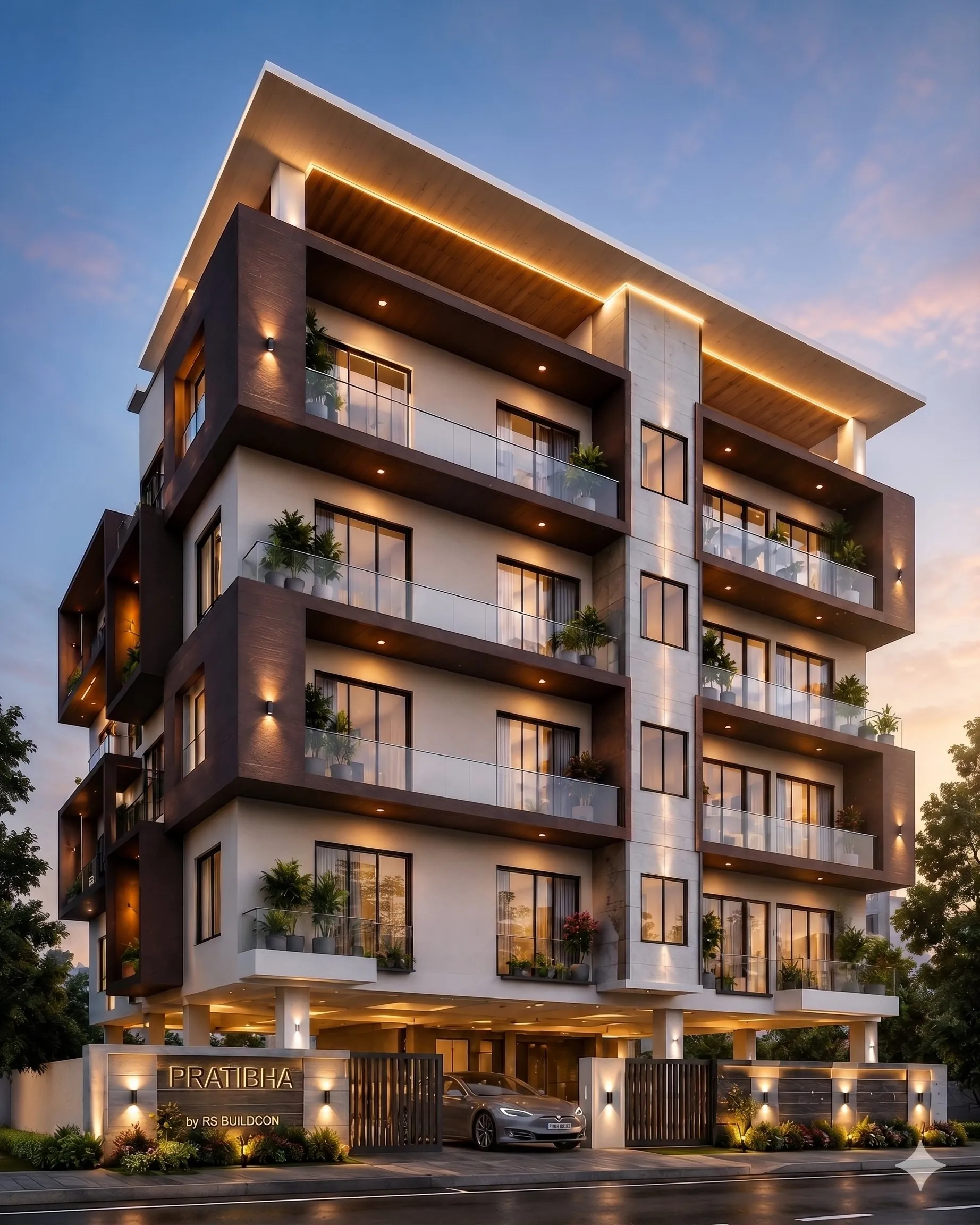 Pratibha by RS — architectural render of the stilt plus four floor residence at dusk
