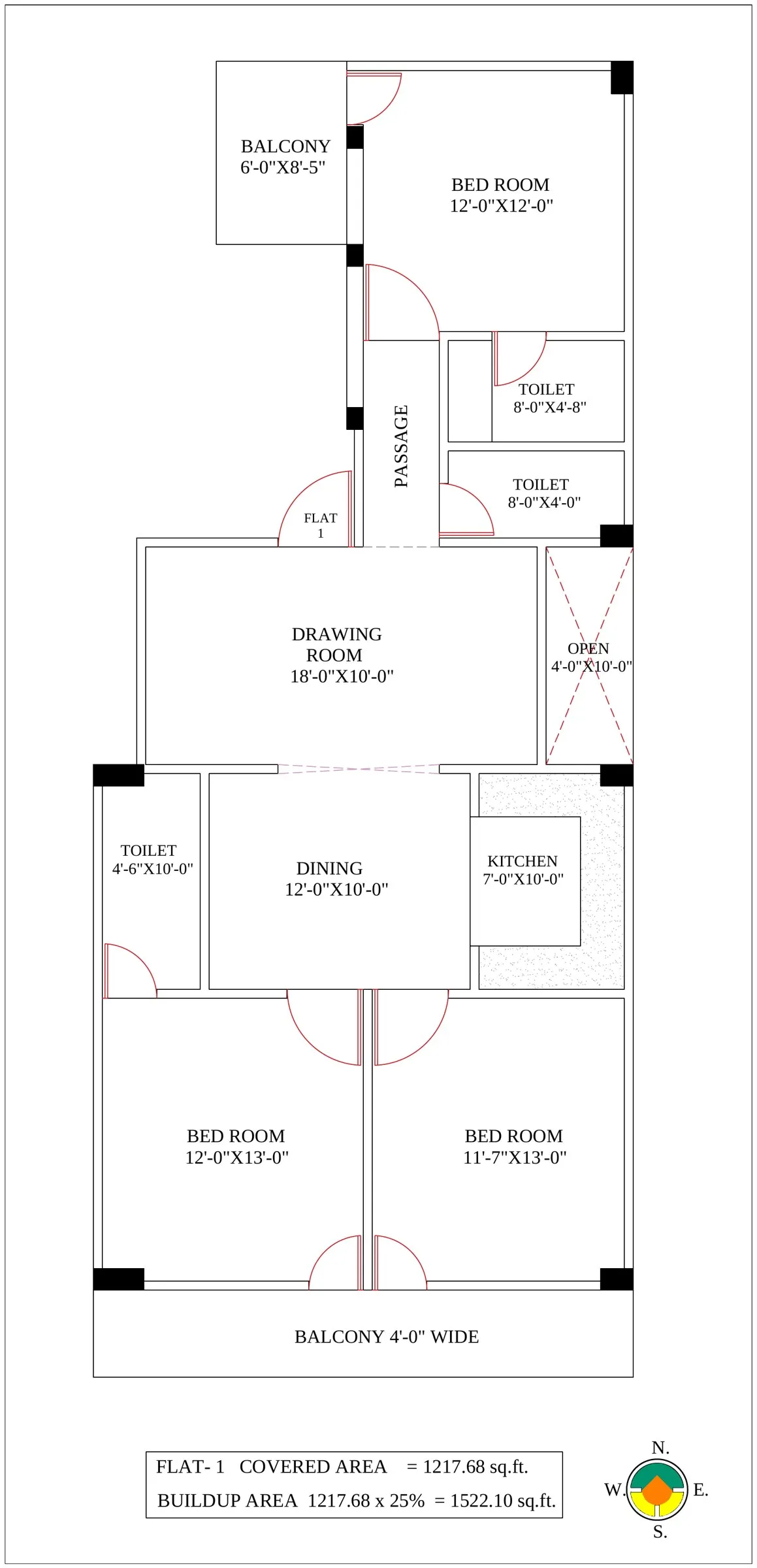 Type 1 3 BHK — 2D layout — walls & dimensions
