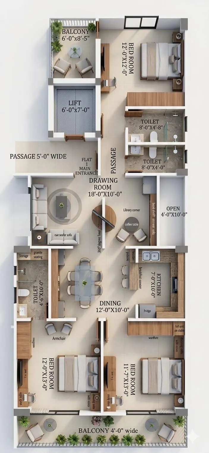 Type 1 3 BHK — Furnished 3D visualisation