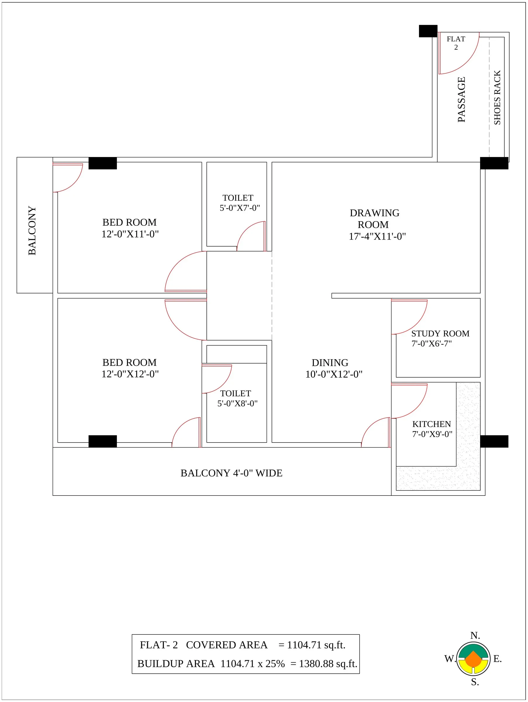Type 2 2.5 BHK — 2D layout — walls & dimensions
