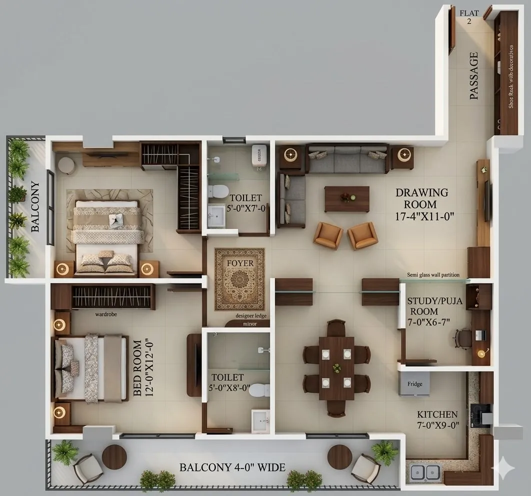 Type 2 2.5 BHK — Furnished 3D visualisation