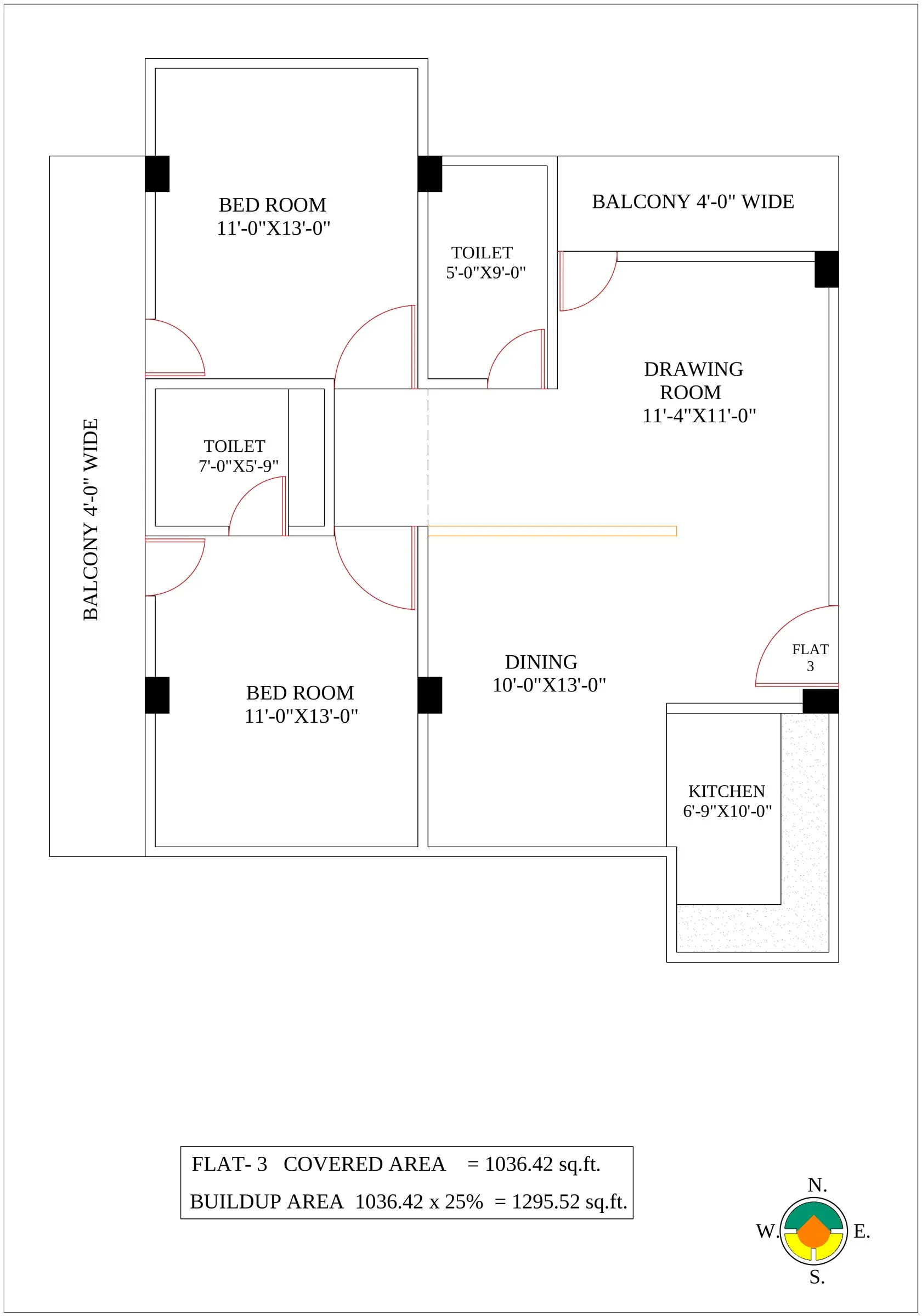 Type 3 2 BHK — 2D layout — walls & dimensions