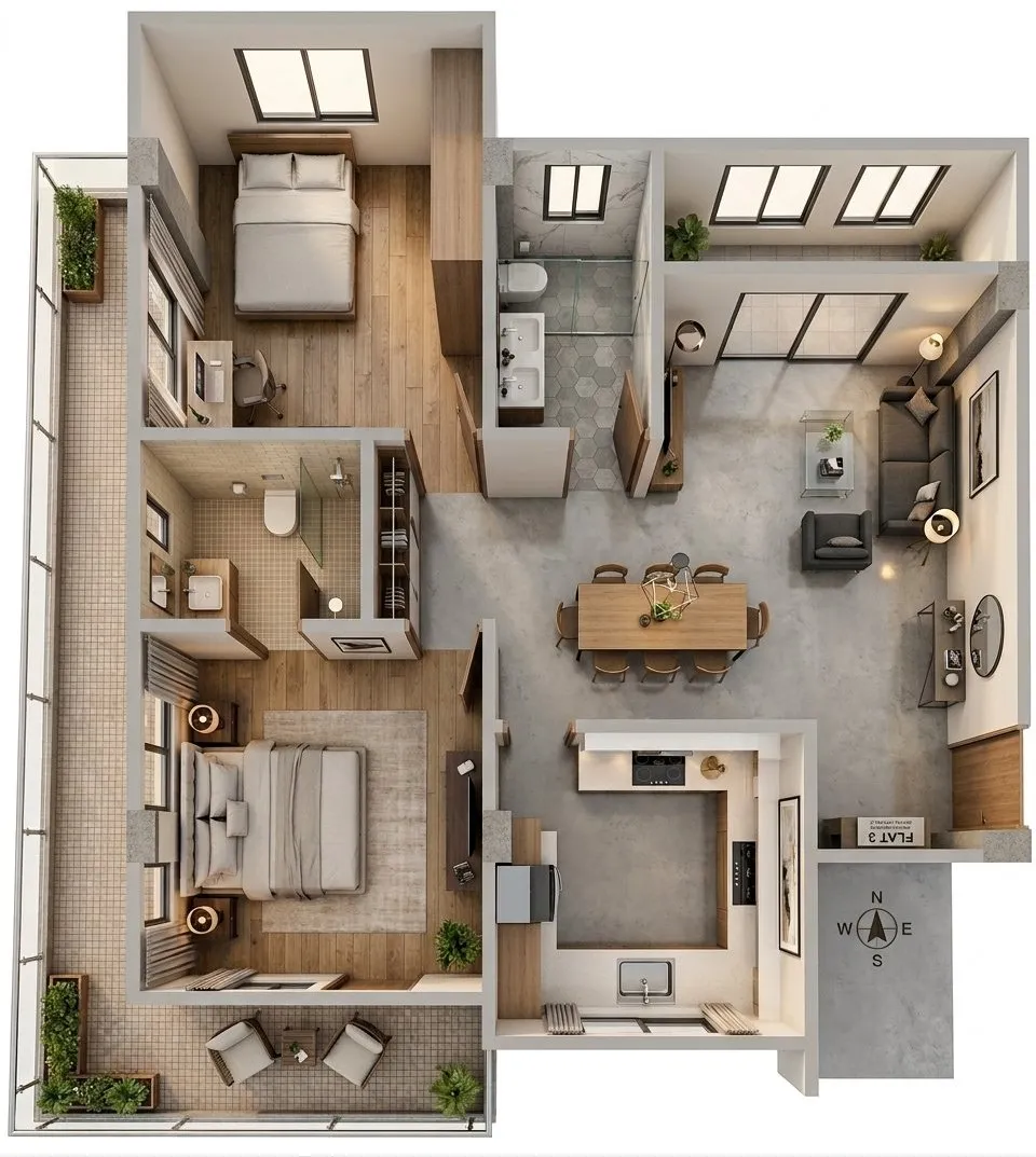 Type 3 2 BHK — Furnished 3D visualisation