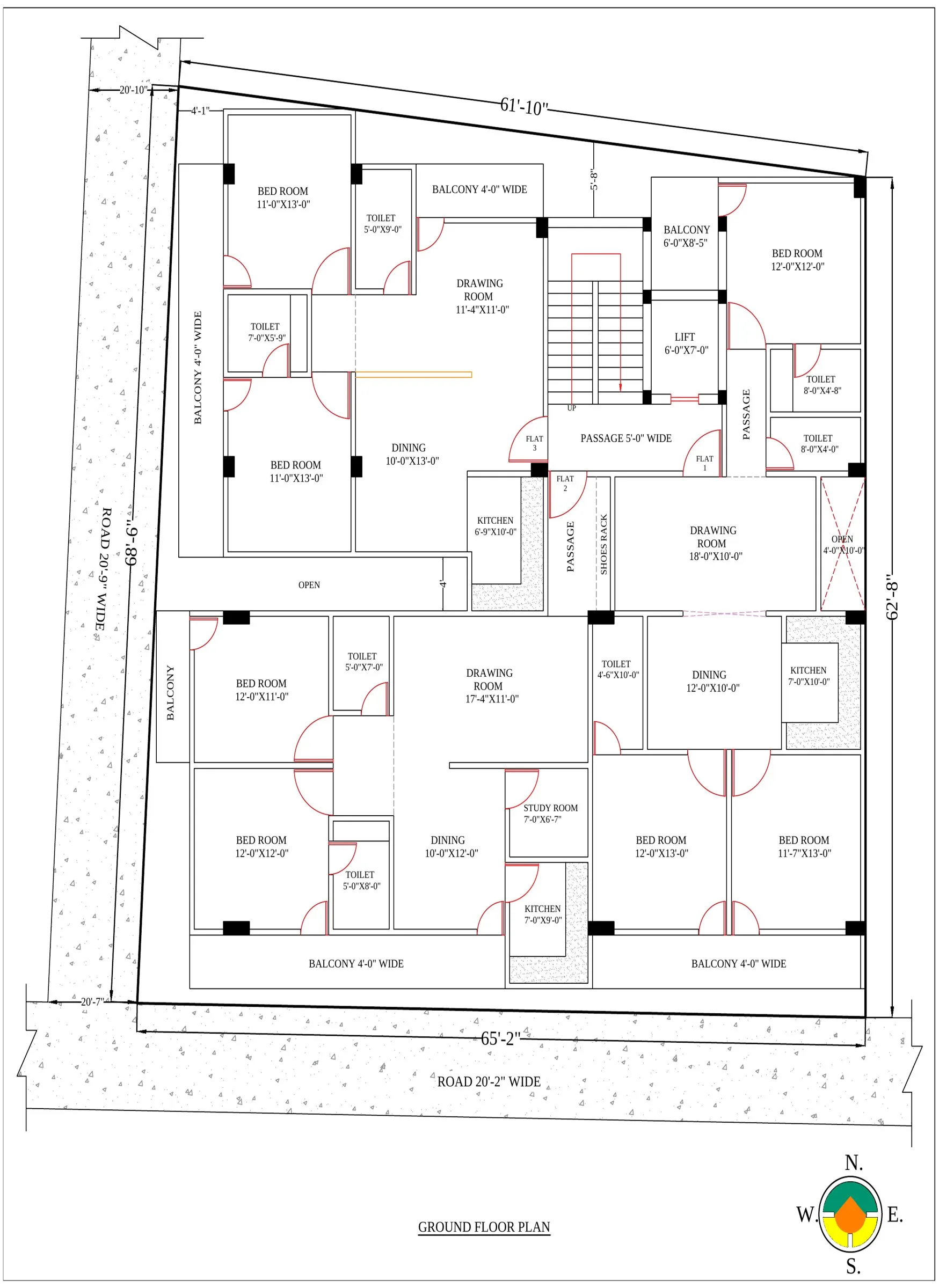 Typical floor plan showing three residences per floor